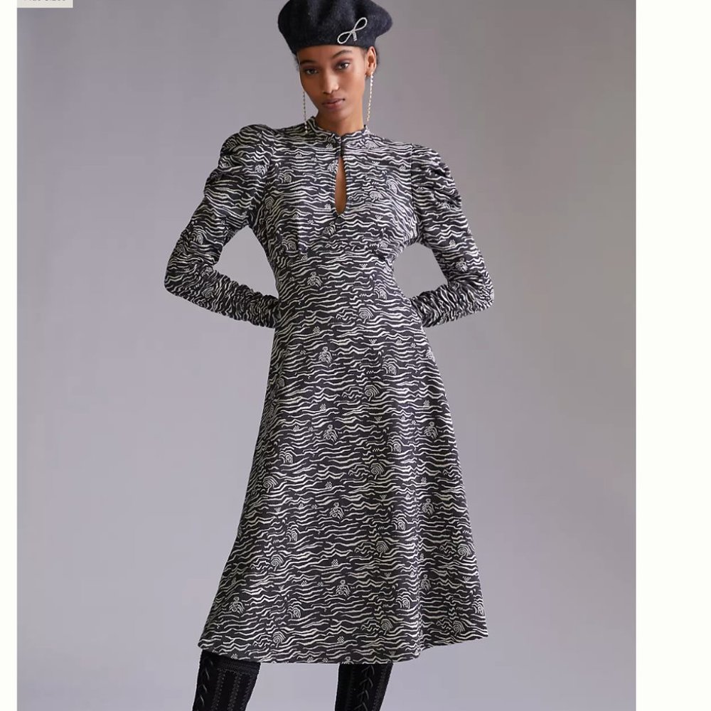 Anthropologie Puff-Sleeved Jacquard Midi Dress NWT